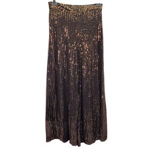 Women High Waist Wide Leg Sparkle Sequin Bling Glitter Shiny Long Pants Troser L